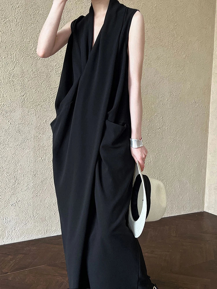 Elegant Draped Sleeveless Midi Dress with Pockets