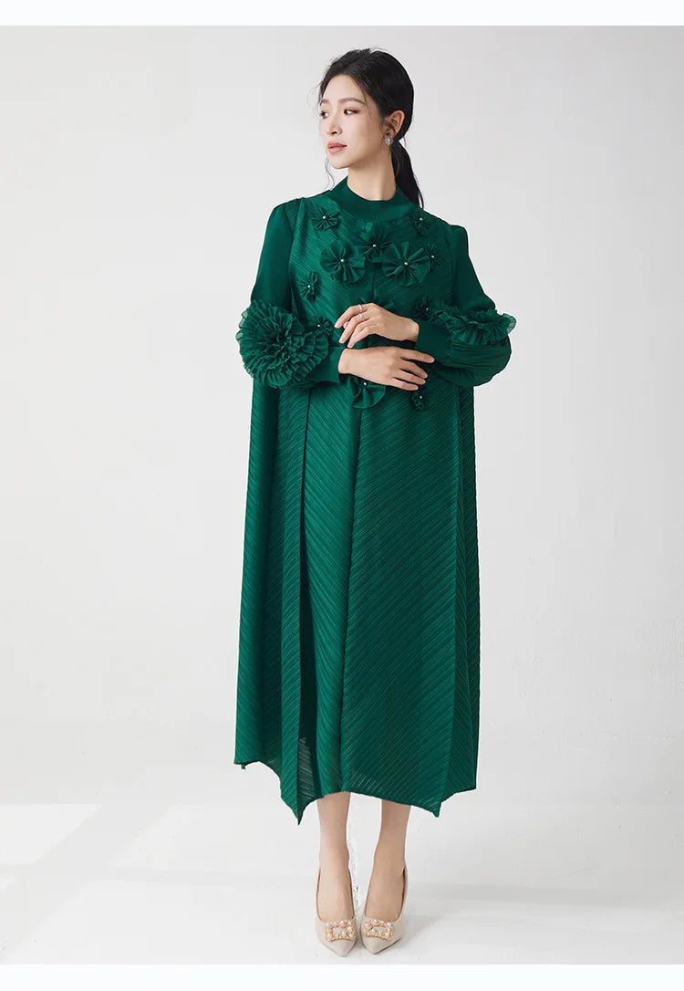Luxe Plissé Pleated Floral Long Sleeve Dress