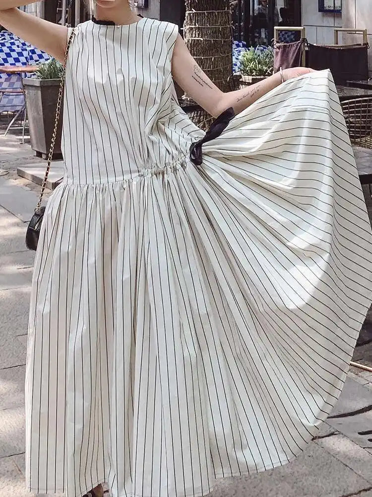 Cotton Sleeveless Striped Dress with Button Back