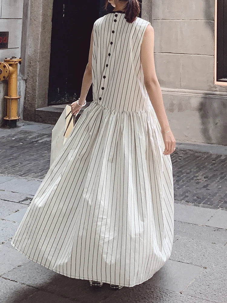 Cotton Sleeveless Striped Dress with Button Back