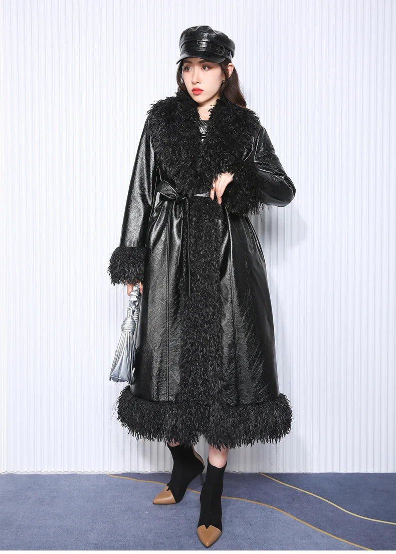 Couture Vegan Leather Trench with Shaggy Fur