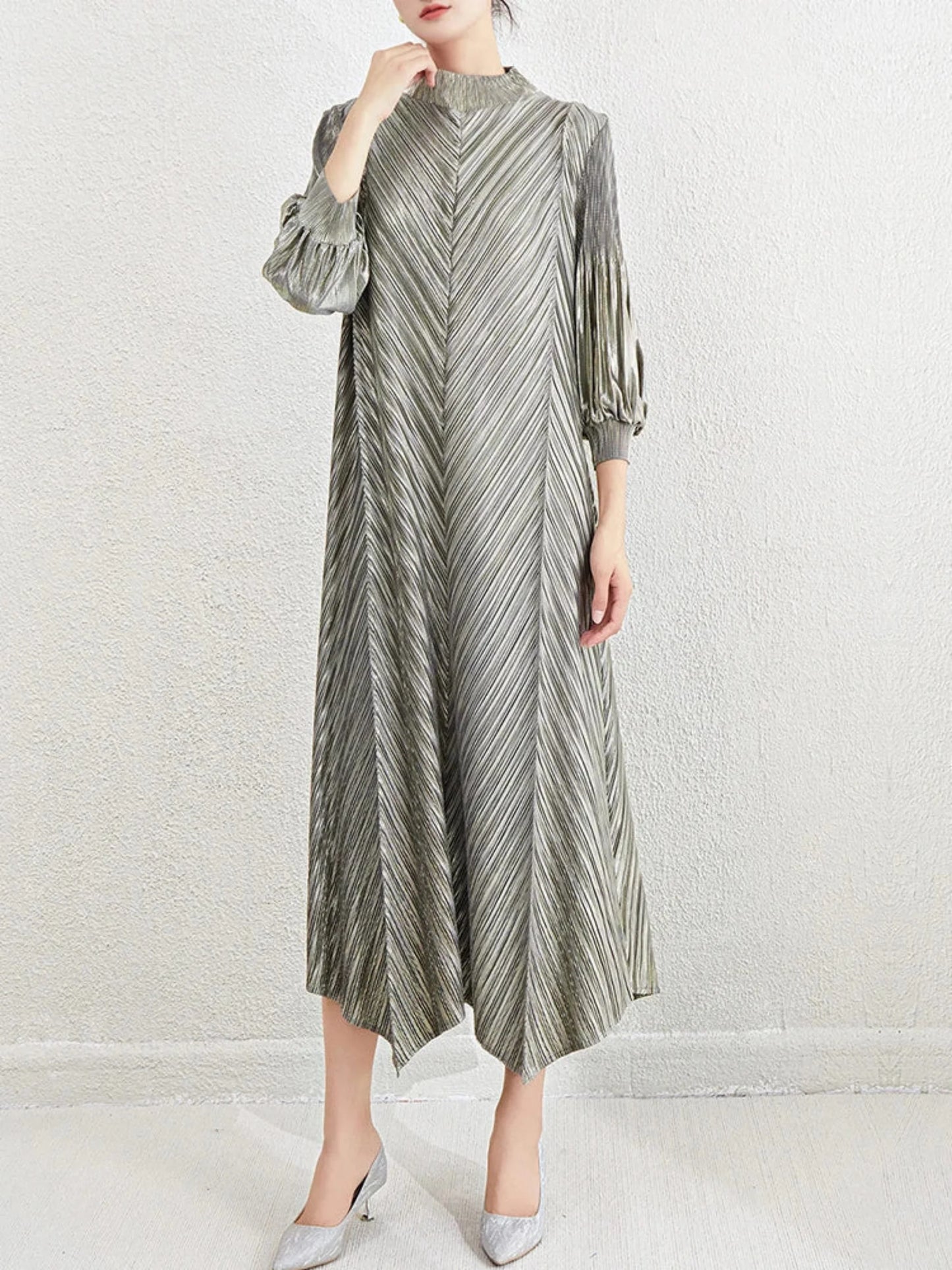Metallic Pleated Midi Dress with Mock Neck & Bishop Sleeves