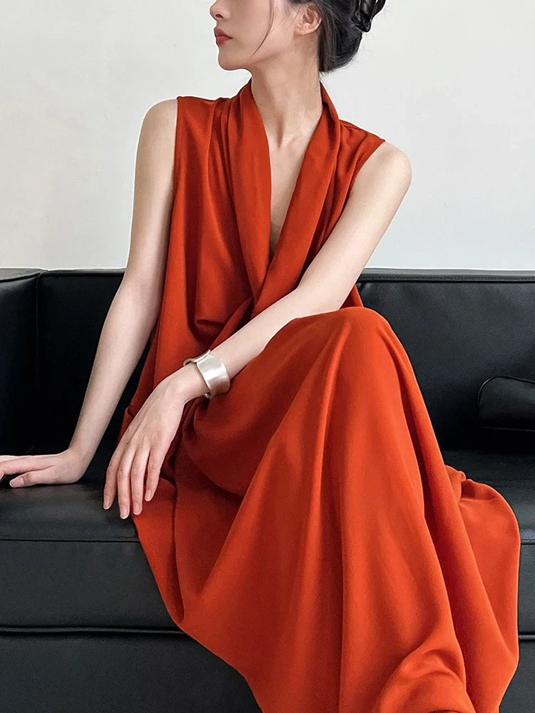 Elegant Draped Sleeveless Midi Dress with Pockets