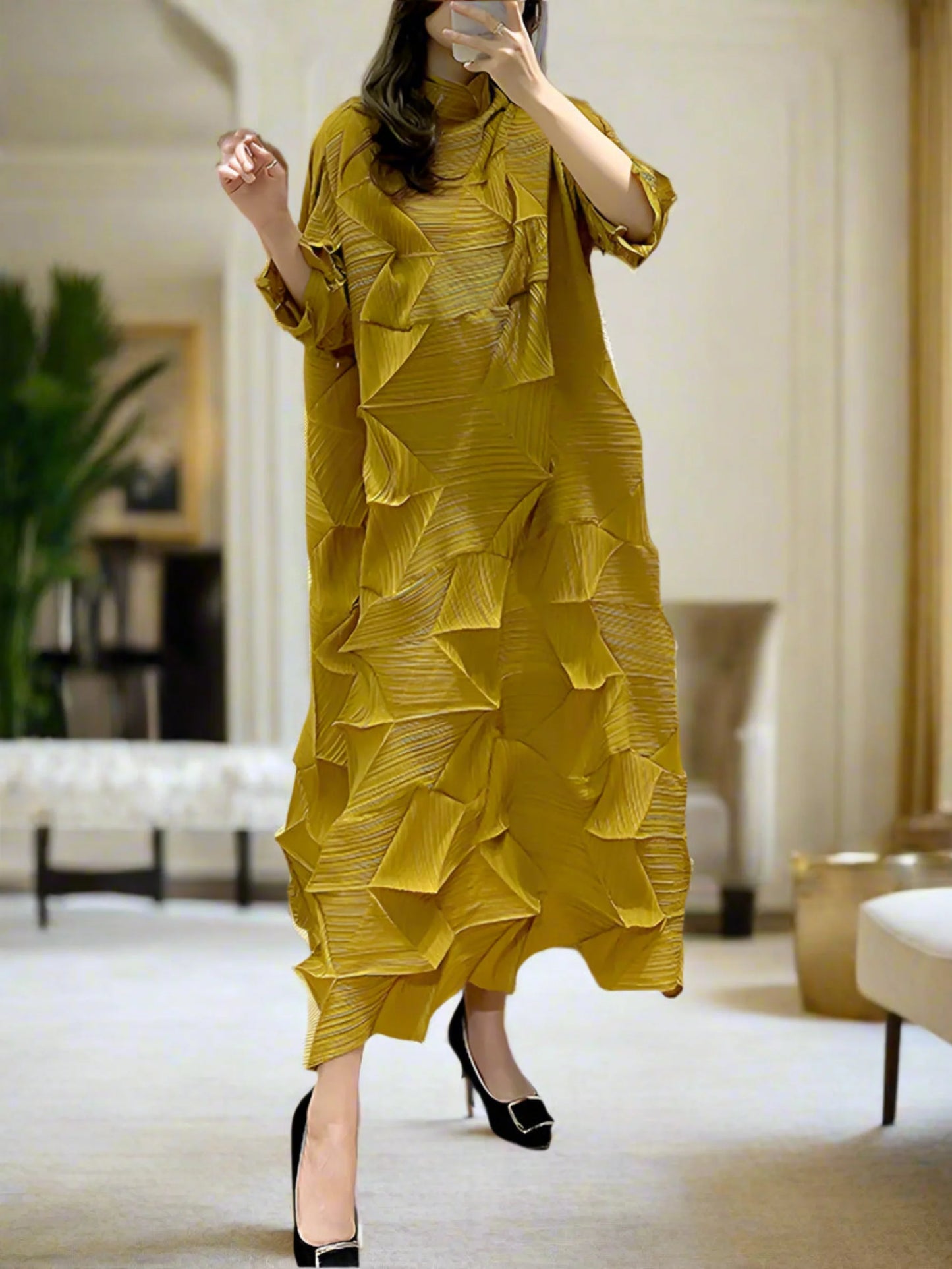 Luxe Geometric Japanese Pleated Dress