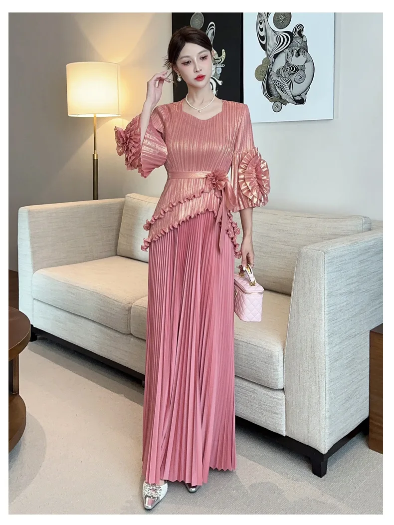 Statement Ruffle Sleeve and Pleated Skirt Ensemble
