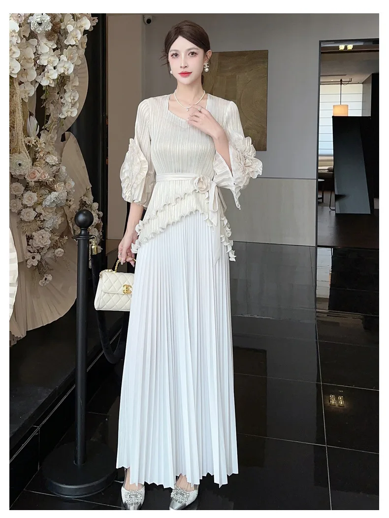 Statement Ruffle Sleeve and Pleated Skirt Ensemble