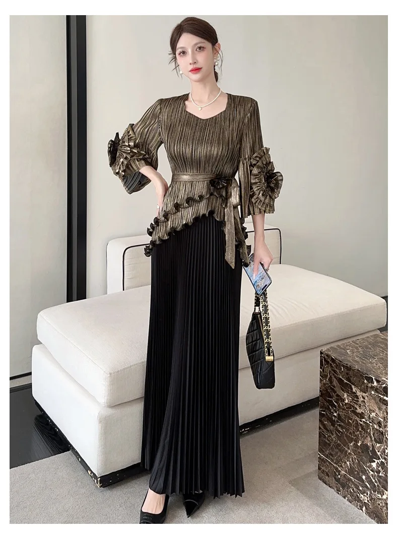 Statement Ruffle Sleeve and Pleated Skirt Ensemble