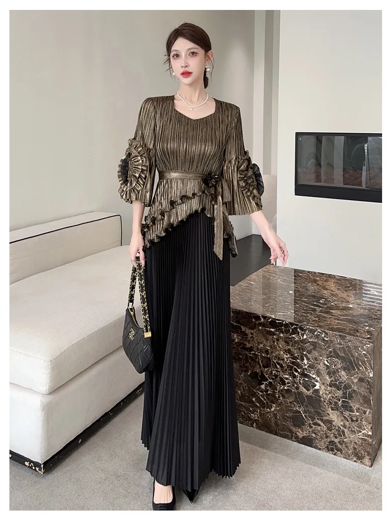 Statement Ruffle Sleeve and Pleated Skirt Ensemble