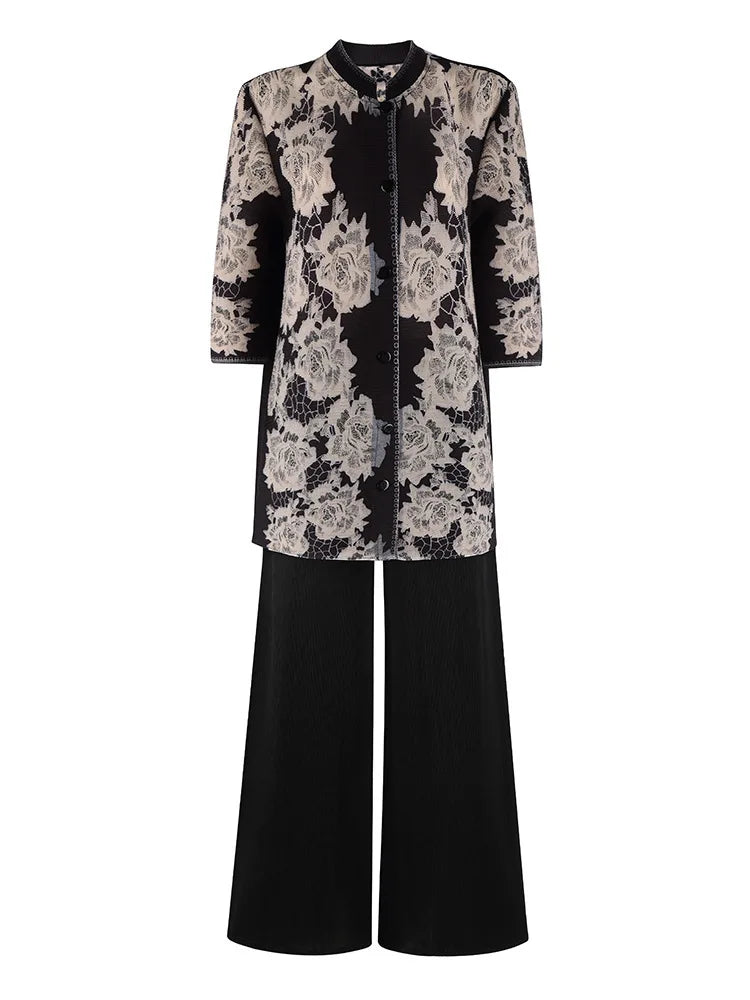 Plissé Set - Floral Top & Pleated Palazzo Pant