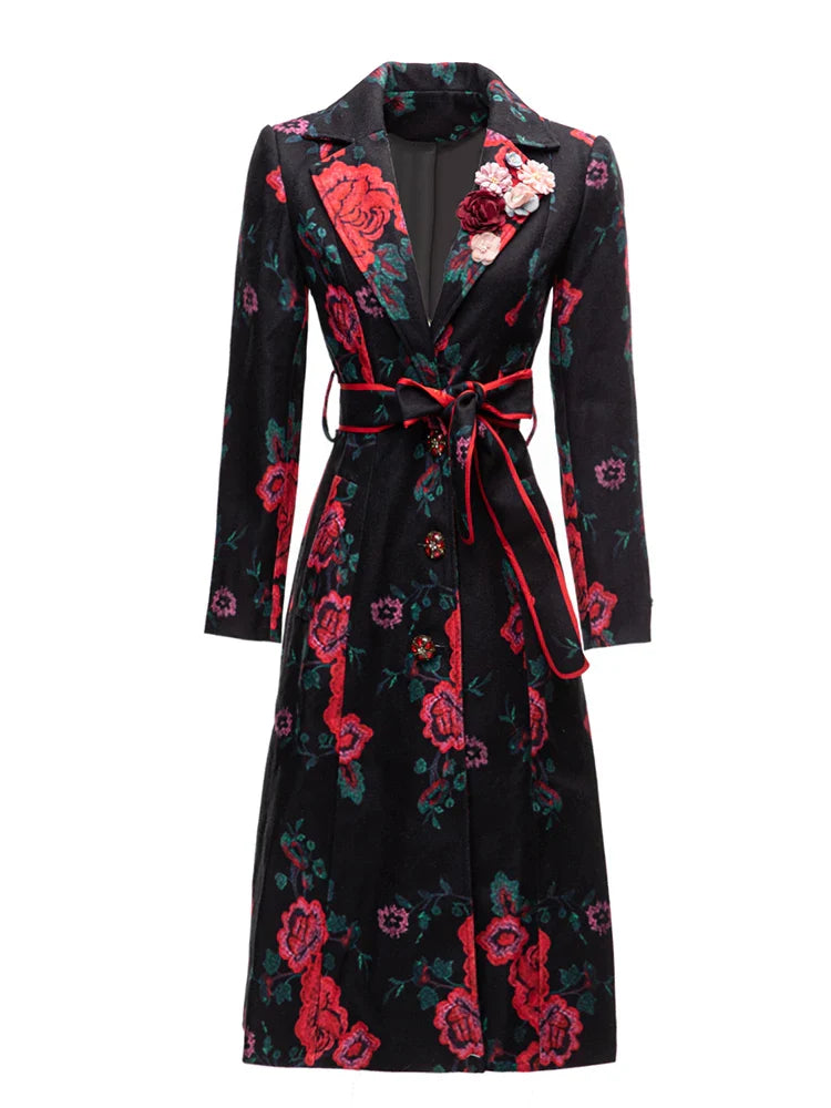 Women's Slim Fit Black Floral Rose Trench Coat