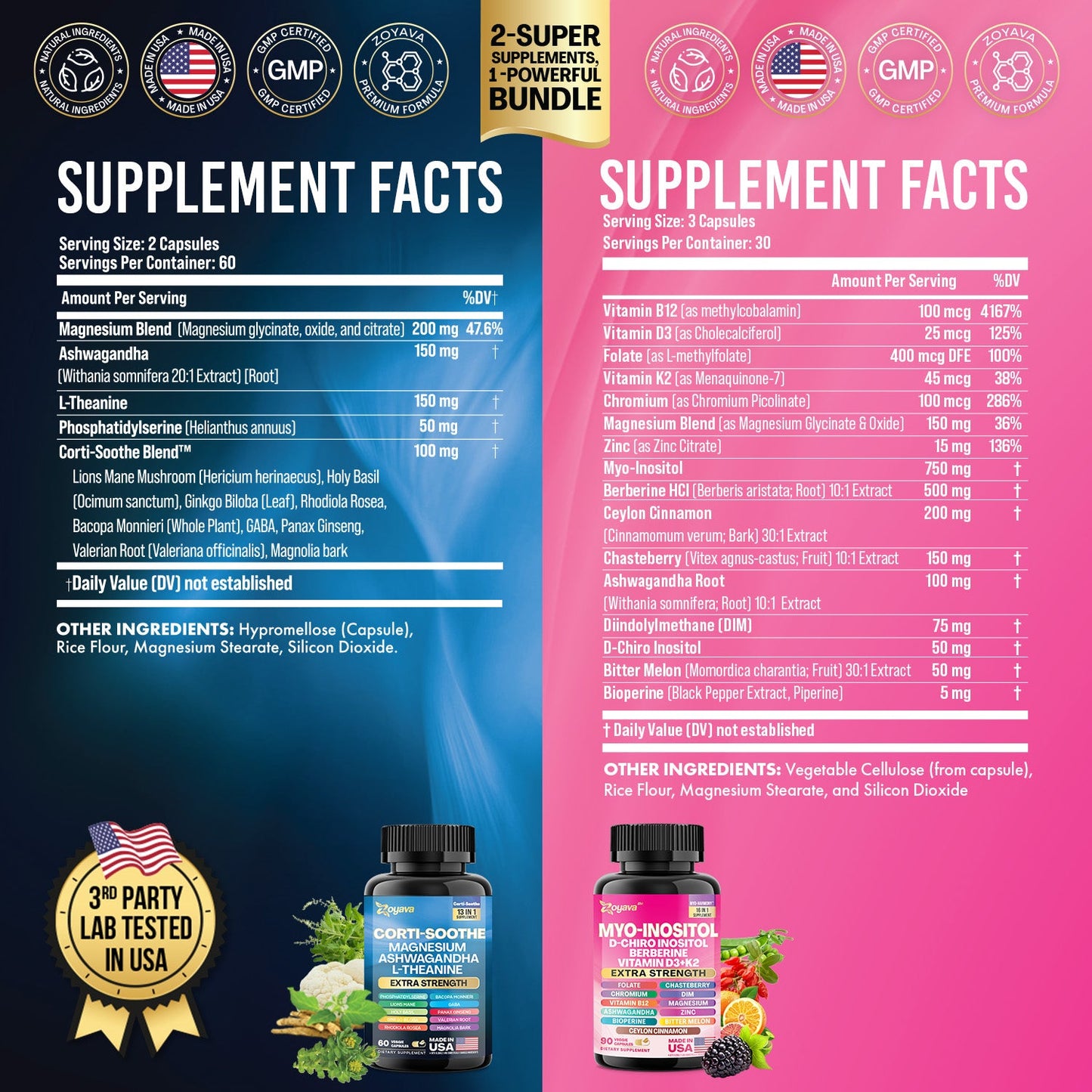 Zoyava™ Soothe and Smooth Bundle: Cortisol 60 and Myo-Inositol 90 Capsules Supplement Bundle