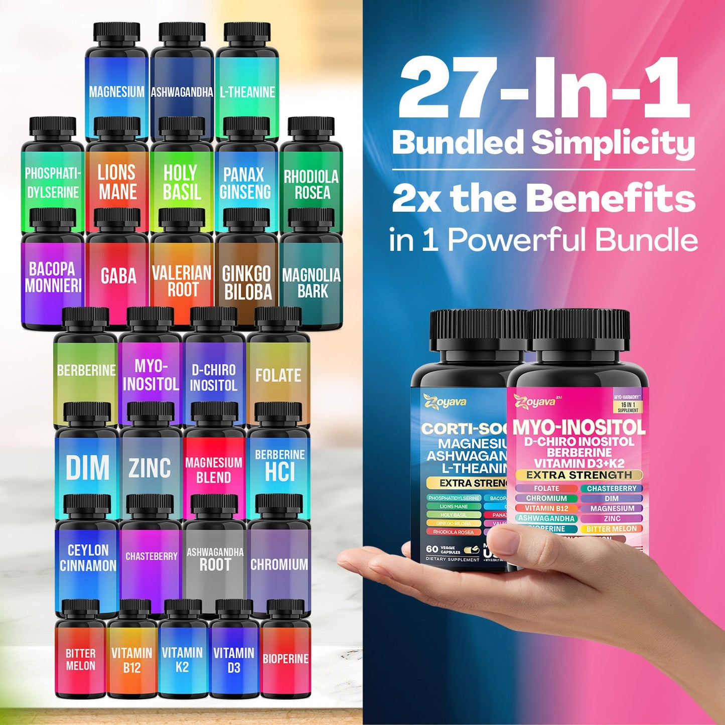 Zoyava™ Soothe and Smooth Bundle: Cortisol 60 and Myo-Inositol 90 Capsules Supplement Bundle