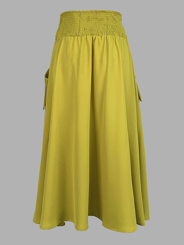 A-Line Loose Pockets Solid Color Split-Joint Tied Waist Skirts Bottoms