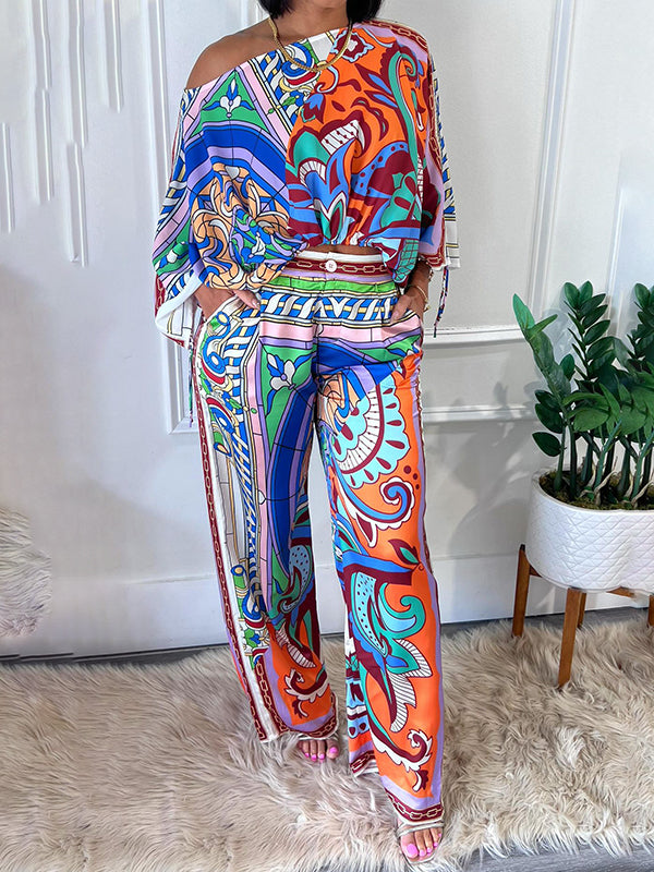 High Waisted Loose Buttoned Pleated Pockets Printed Split-Joint Pants Trousers