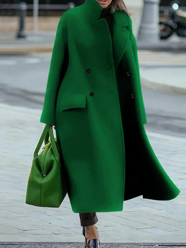 Long Sleeves Loose Buttoned Pockets Solid Color Split-Joint Stand Collar Woolen Coat