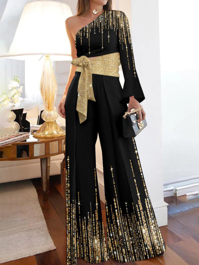 Long Sleeves Loose Printed Shiny Tied Waist One-Shoulder Jumpsuits Bottoms