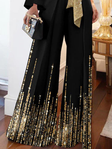 Long Sleeves Loose Printed Shiny Tied Waist One-Shoulder Jumpsuits Bottoms