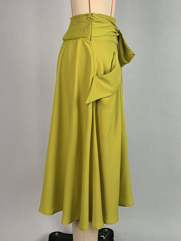 A-Line Loose Pockets Solid Color Split-Joint Tied Waist Skirts Bottoms