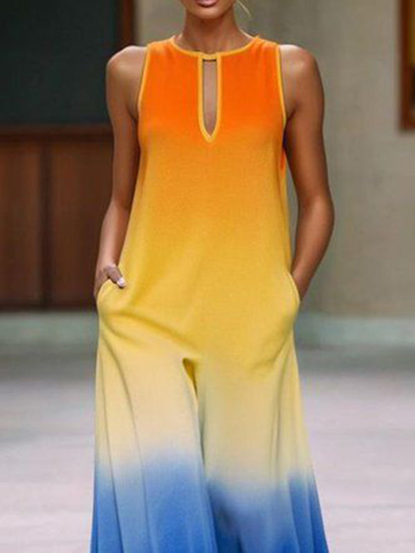 Loose Sleeveless Gradient Hollow Pockets Round-Neck Jumpsuits