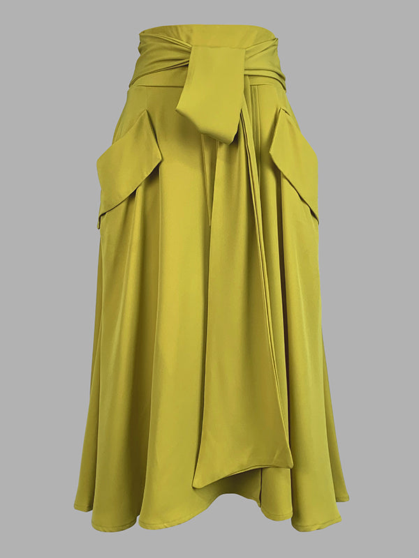 A-Line Loose Pockets Solid Color Split-Joint Tied Waist Skirts Bottoms