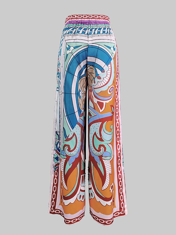 High Waisted Loose Buttoned Pleated Pockets Printed Split-Joint Pants Trousers