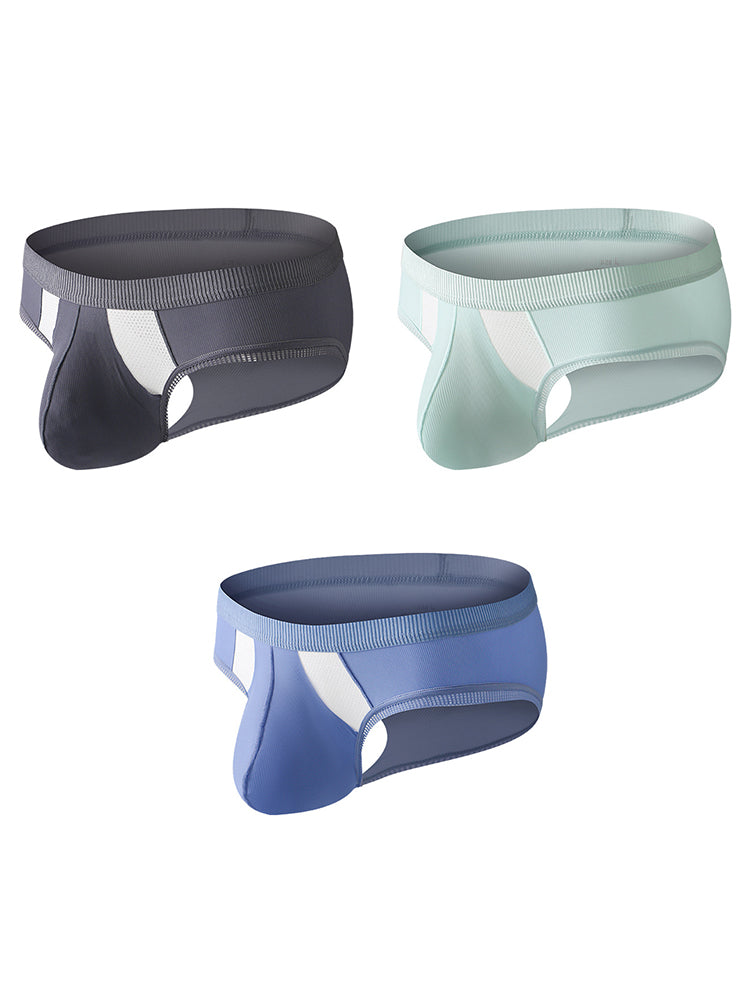 3 Pack Men's Low-Rise Ice Silk High-Stretch U-Convex Large Pouch Briefs