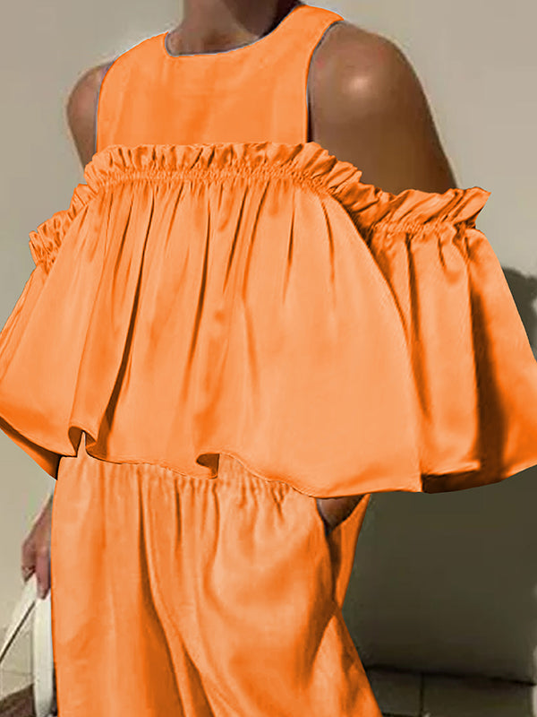 A-line Loose Elasticity Ruffled Solid Color Cold shoulder Blouses&shirts Tops