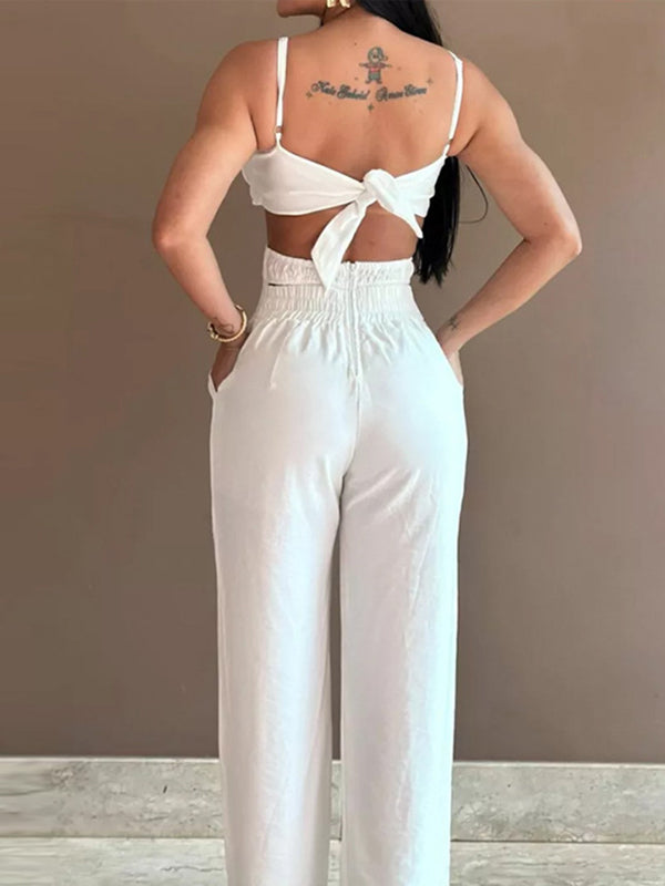 Bodycon High Waisted Elasticity Flower Shape Hollow Pockets Solid Color Tied Spaghetti-Neck Jumpsuits