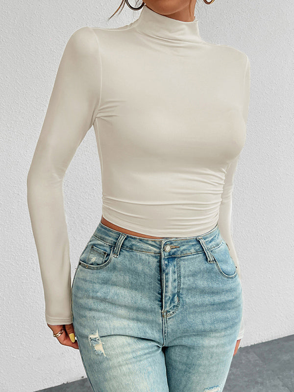 Long Sleeves Skinny Solid Color High Neck T-Shirts Tops