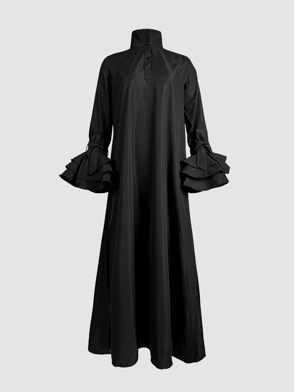 A-Line Flared Sleeves Buttoned Solid Color Split-Joint Split-Side Lapel Maxi Dresses