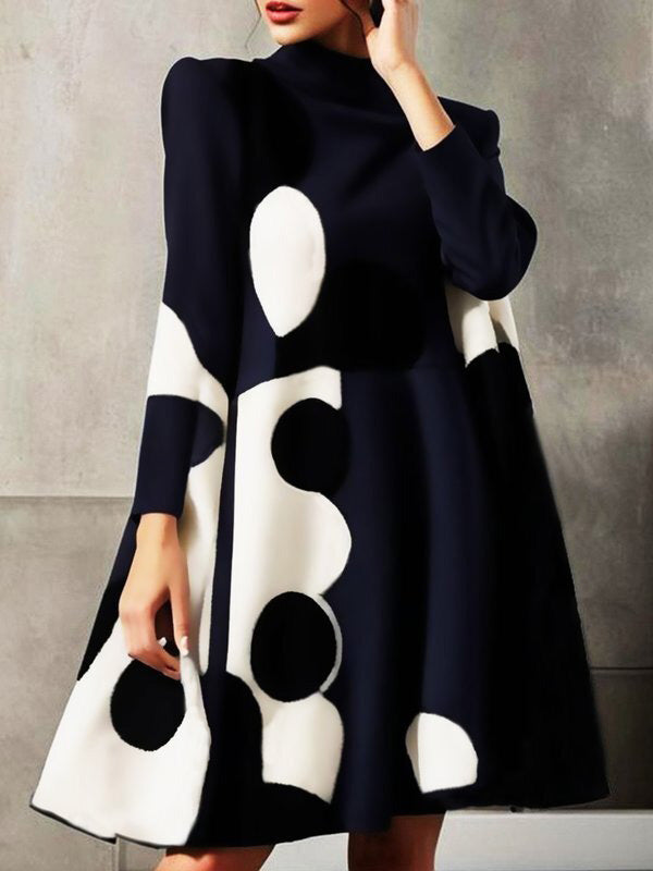 A-Line Long Sleeves Polka-Dot Split-Joint Mock Neck Mini Dresses