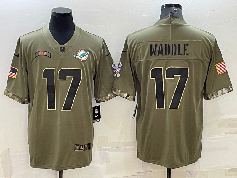 Men’s Miami Dolphins Jaylen Waddle #17 Olive 2022 Salute To Service Limited Jersey