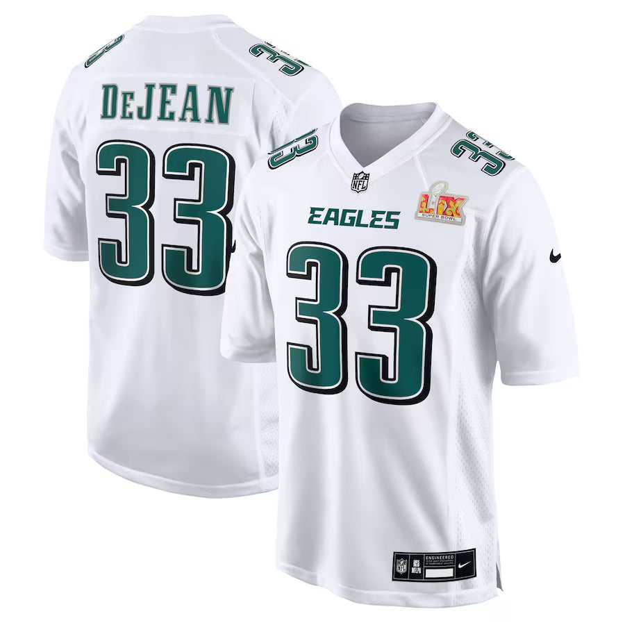Men’s Philadelphia Eagles Cooper DeJean #33 Tundra White Super Bowl LIX Jersey