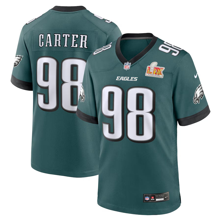 Men’s Philadelphia Eagles Jalen Carter #98 Midnight Green Super Bowl LIX Jersey
