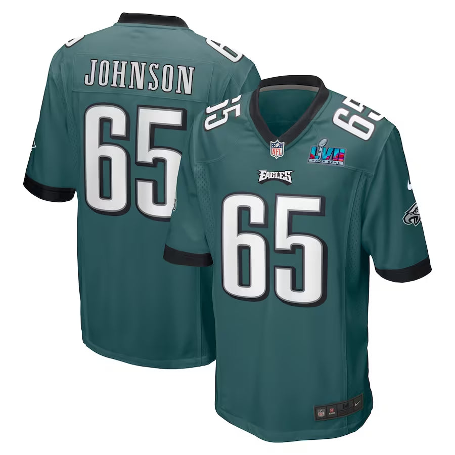 Men’s Philadelphia Eagles Lane Johnson #65 Midnight Green Super Bowl LVII Patch Jersey