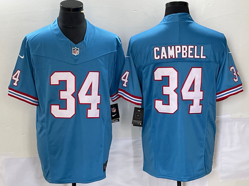 Men’s Tennessee Titans Earl Campbell #34 Light Blue Oilers Throwback Retired Jersey