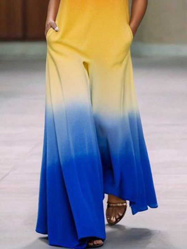 Loose Sleeveless Gradient Hollow Pockets Round-Neck Jumpsuits