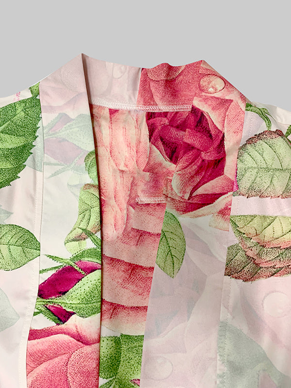 Flared Sleeves Long Sleeves Elasticity Flower Print Split-Joint Tied Waist Collarless Outerwear