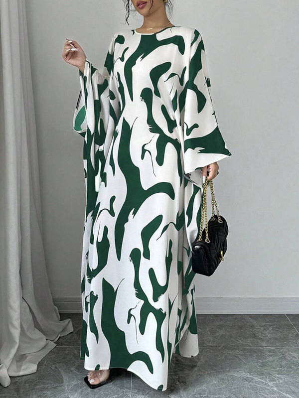 Batwing Sleeves Loose Contrast Color Printed Round-Neck Maxi Dresses