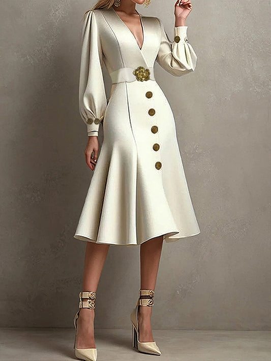 Loose Puff Sleeves Pleated Split-Joint Tied Waist V-Neck Midi Dresses