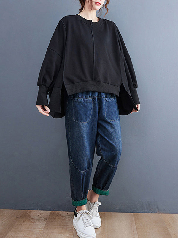 Simple Long Sleeves Loose Solid Color Round-Neck Hoodies&Sweatshirt Tops