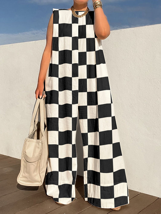 Loose Sleeveless Checkerboard Shoulder Pad Split-Joint Round-neck Jumpsuits