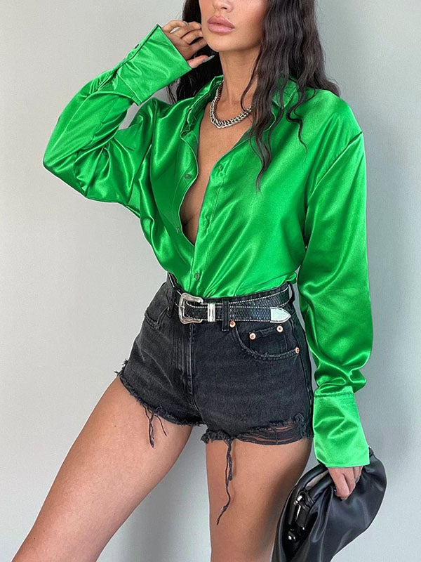 Long Sleeves Loose Buttoned Shiny Solid Color Lapel Blouses&Shirts Tops
