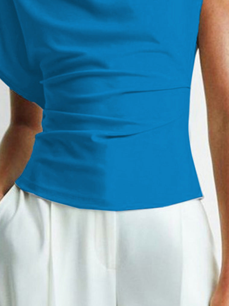 Irregularity Sleeveless Asymmetric Pleated Solid Color Round-neck Vest Top
