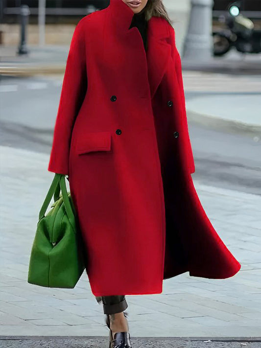 Long Sleeves Loose Buttoned Pockets Solid Color Split-Joint Stand Collar Woolen Coat