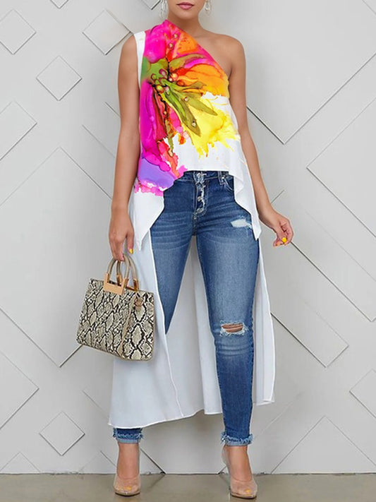 High-Low Loose Asymmetric Floral Printed Split-Joint One-Shoulder Vest Top