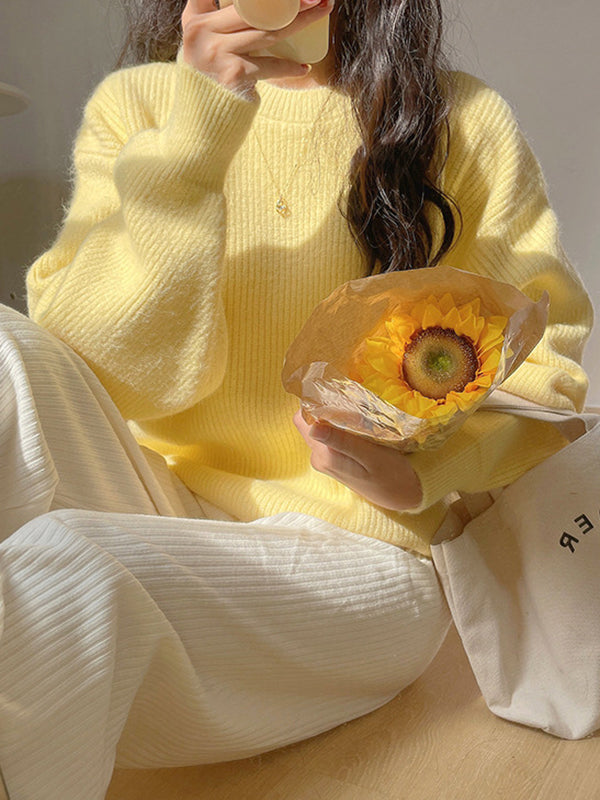 Long Sleeves Loose Solid Color Round-Neck Pullovers Sweater Tops
