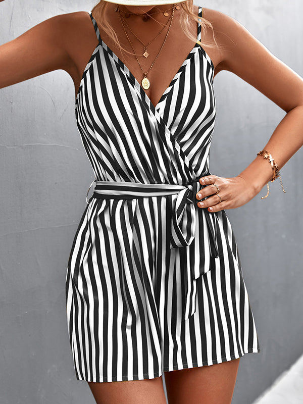 Loose Sleeveless Contrast Color Striped Tied Waist Spaghetti-Neck Rompers