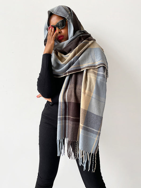Contrast Color Plaid Striped Tasseled Shawl&Scarf