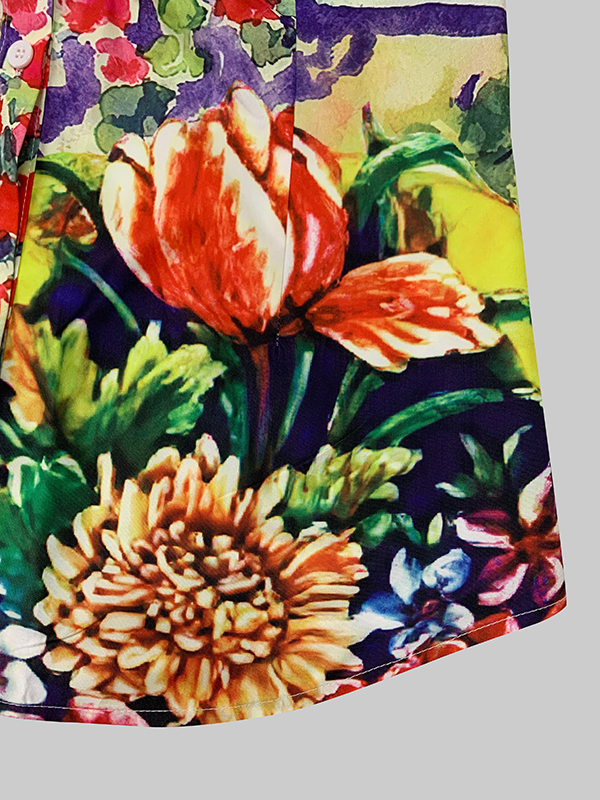 Loose Puff Sleeves Flower Print Split-Joint Lapel Blouses&Shirts Tops